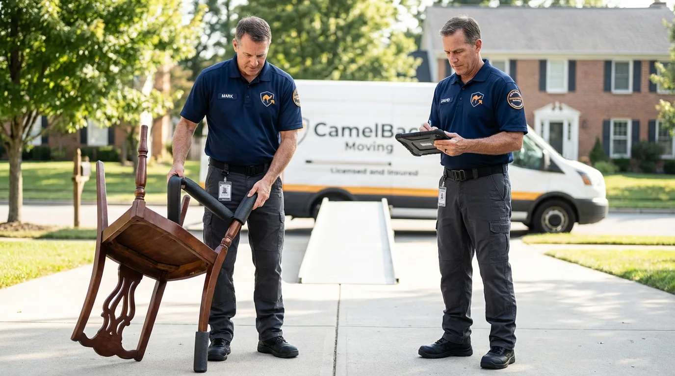 Movers inspecting furniture for damage prevention before loading in Decatur, TN