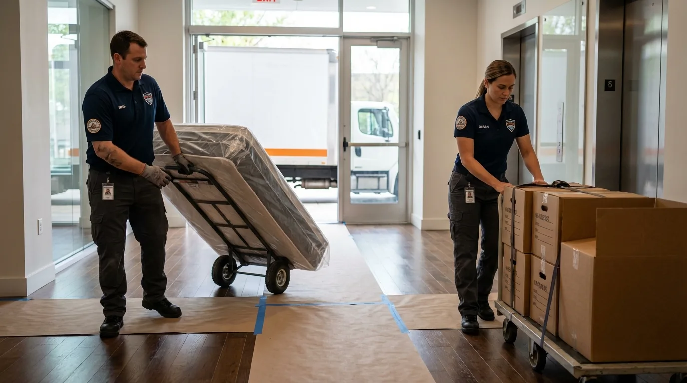Professional apartment movers loading elevator in Decatur, TN